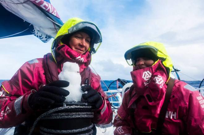 Onboard Team SCA - Sophie Ciszek and Stacey Jackson made a snowman out of hale - Leg five to Itajai -  Volvo Ocean Race 2015 © Anna-Lena Elled/Team SCA